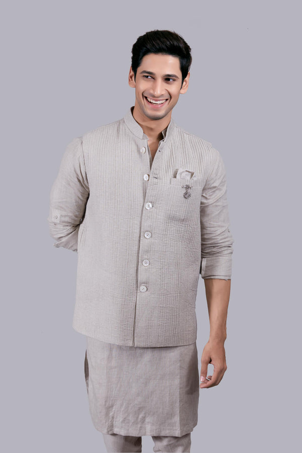 BEIGE LINEN PLAIN BUNDI SET