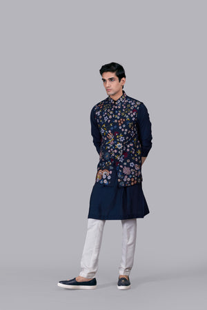 NAVY BLUE SILK EMBROIDERY WORK BUNDI SET