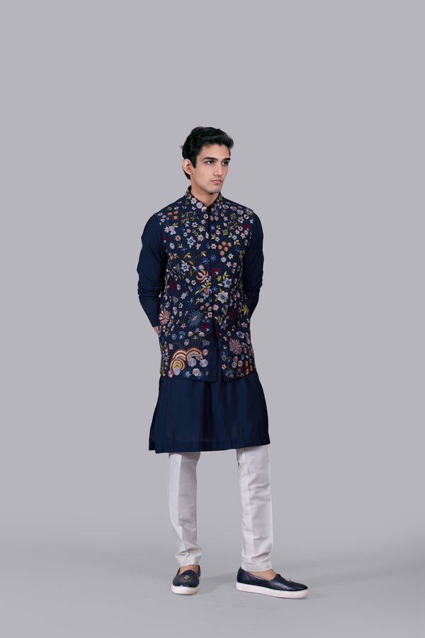 NAVY BLUE SILK EMBROIDERY WORK BUNDI SET