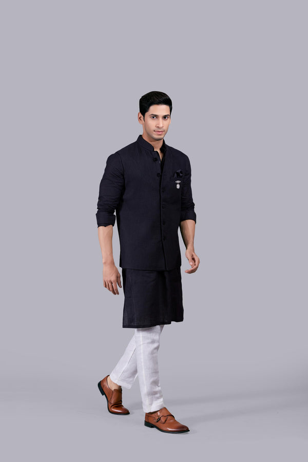 BLACK LINEN PLAIN BUNDI SET