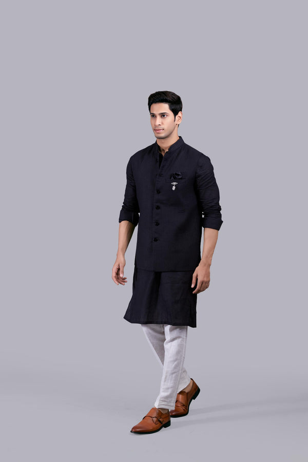 BLACK LINEN PLAIN BUNDI SET