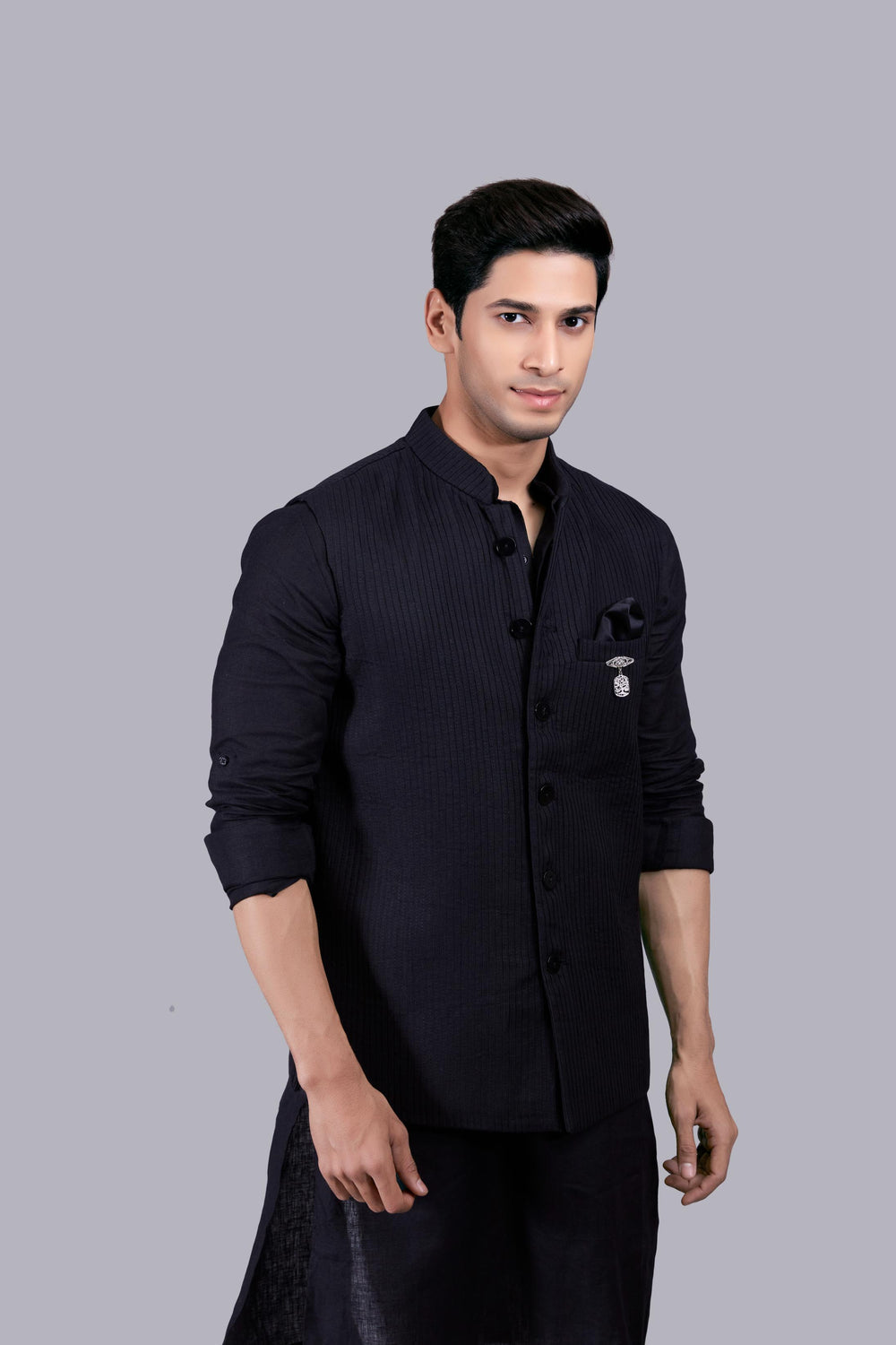 BLACK LINEN PLAIN BUNDI SET
