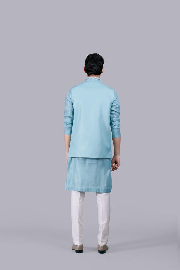 AQUA BLUE SILK MIRROR WORK BUNDI SET
