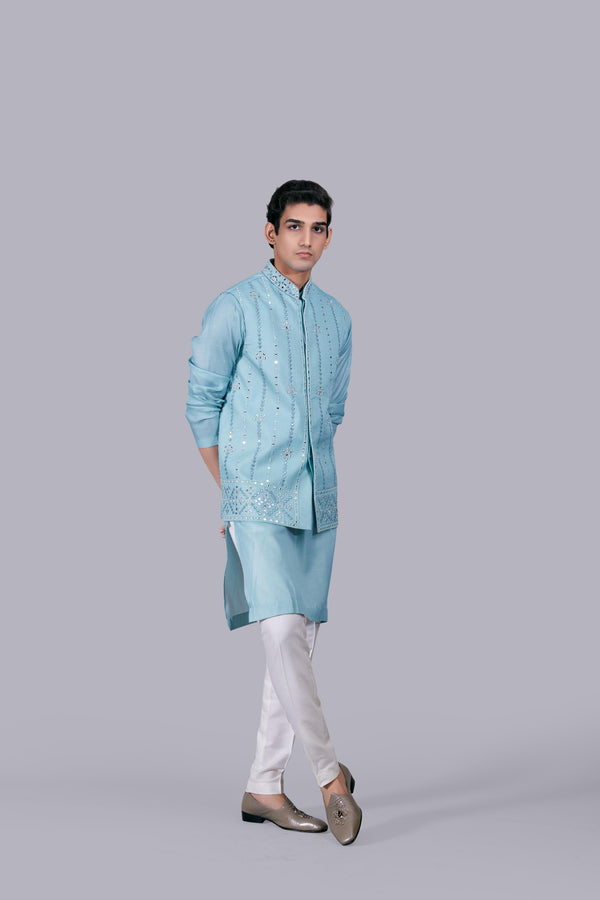 AQUA BLUE SILK MIRROR WORK BUNDI SET