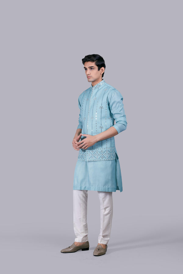 AQUA BLUE SILK MIRROR WORK BUNDI SET