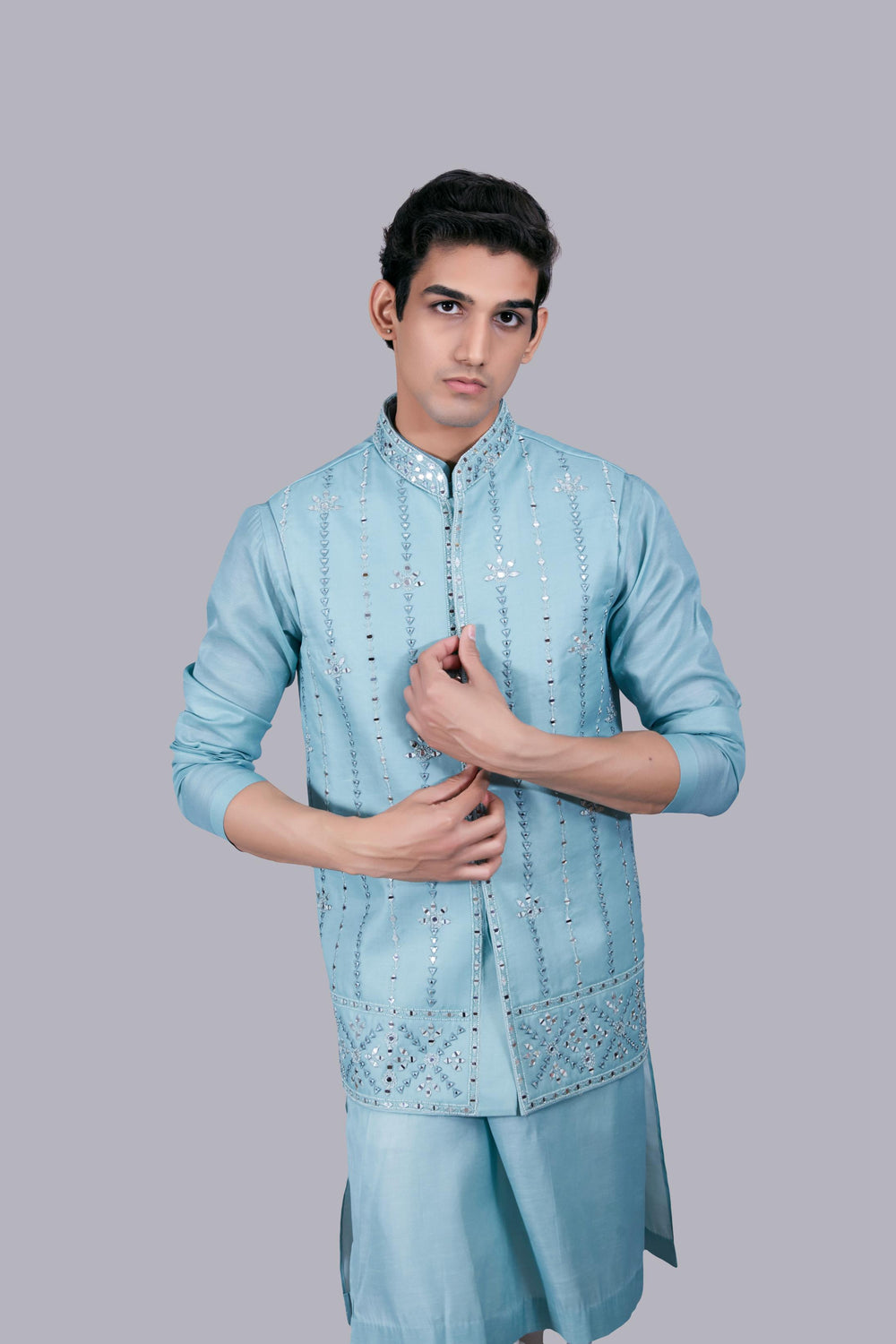 AQUA BLUE SILK MIRROR WORK BUNDI SET