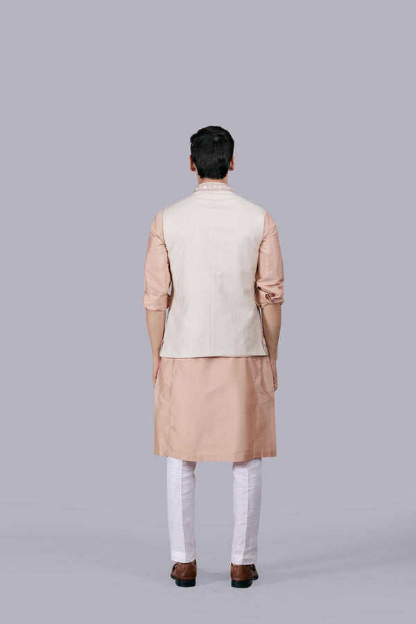 PEACH SILK THREAD WORK BUNDI SET