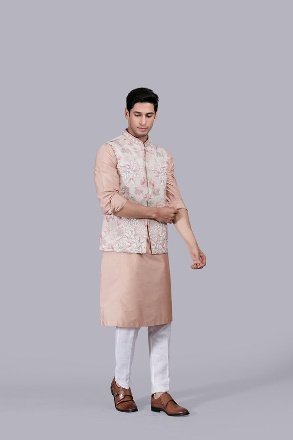 PEACH SILK THREAD WORK BUNDI SET
