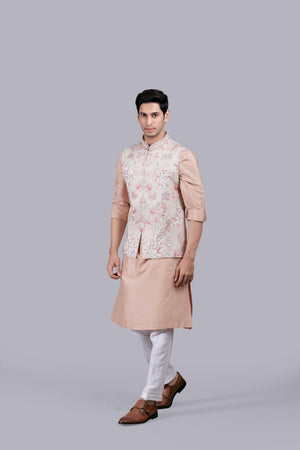 PEACH SILK THREAD WORK BUNDI SET