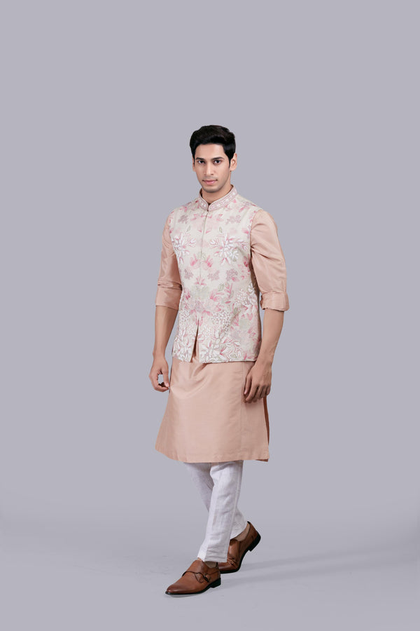 PEACH SILK THREAD WORK BUNDI SET