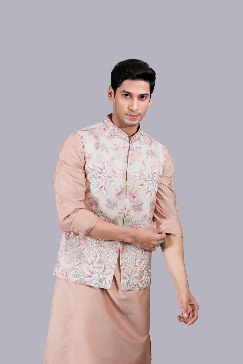 PEACH SILK THREAD WORK BUNDI SET