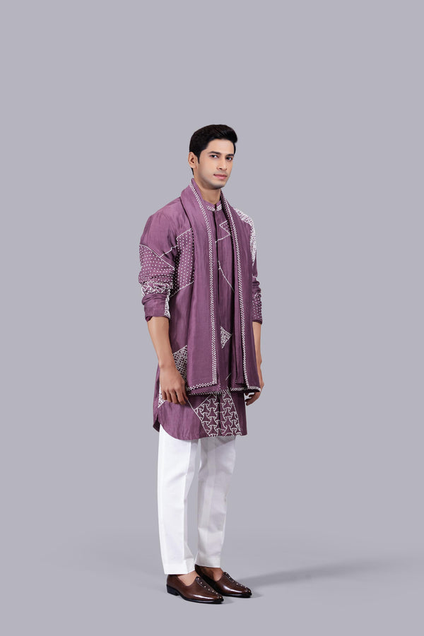 French Knot Light Wine Linen Kurta Set