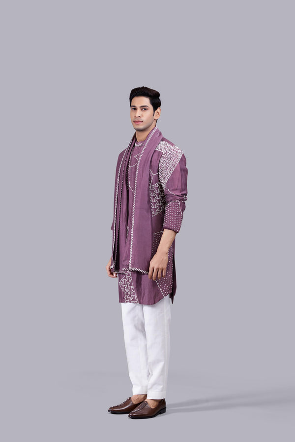 French Knot Light Wine Linen Kurta Set
