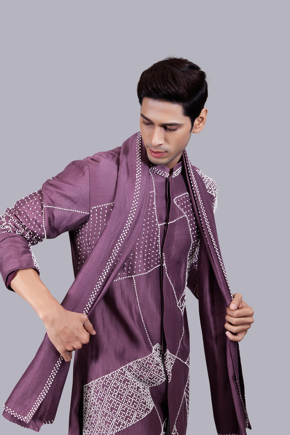 French Knot Light Wine Linen Kurta Set