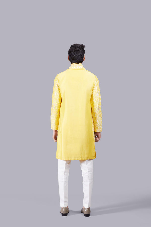 HAND PAINT YELLOW LINEN THREAD WORK KURTA SET