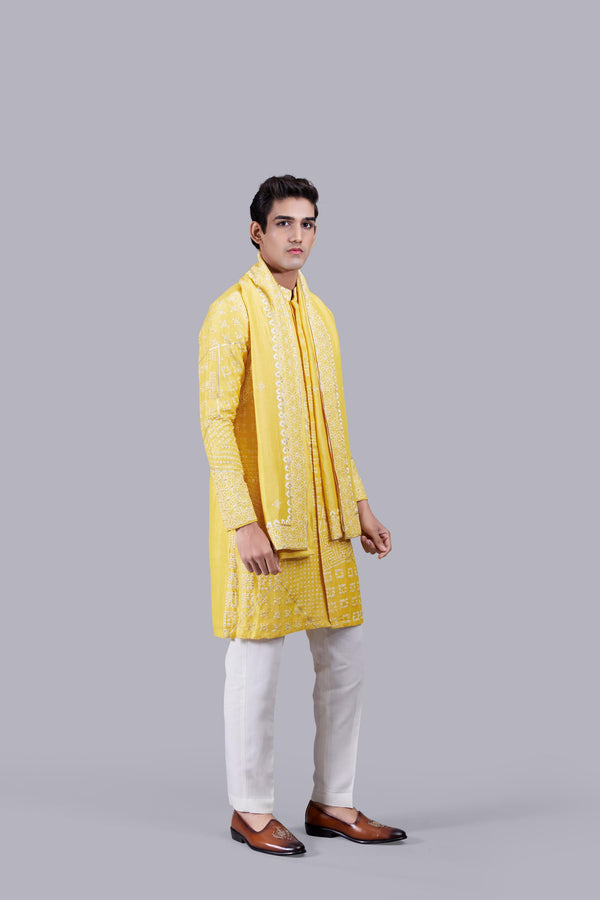 HAND PAINT YELLOW LINEN THREAD WORK KURTA SET