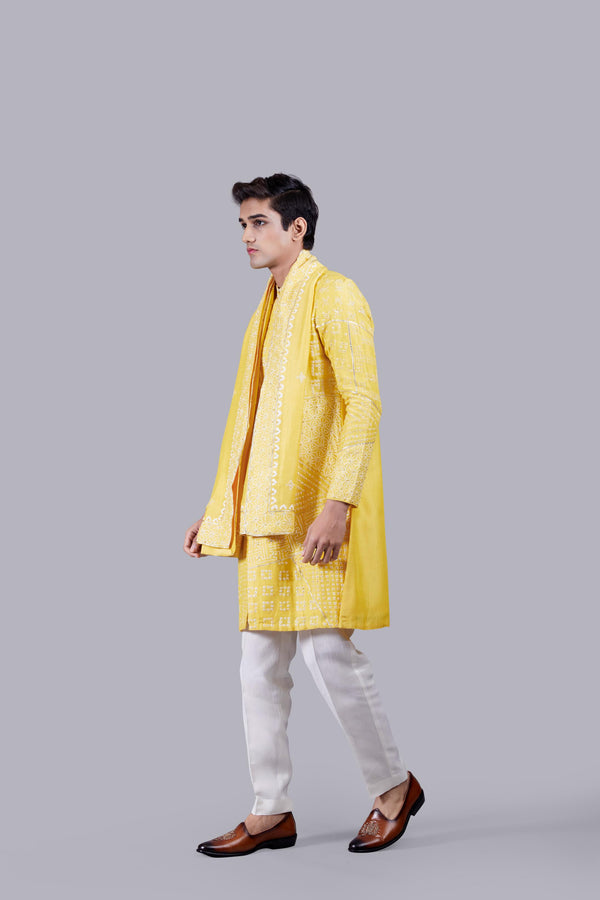 HAND PAINT YELLOW LINEN THREAD WORK KURTA SET