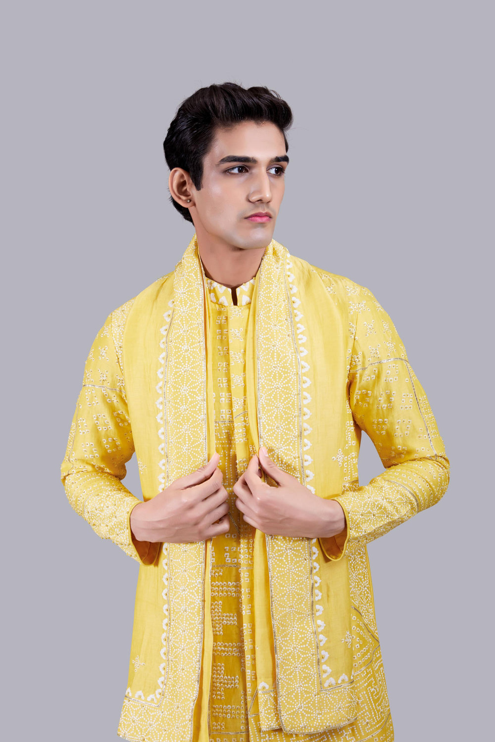 HAND PAINT YELLOW LINEN THREAD WORK KURTA SET