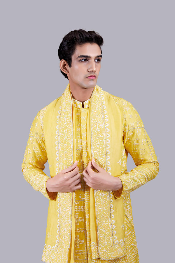 HAND PAINT YELLOW LINEN THREAD WORK KURTA SET