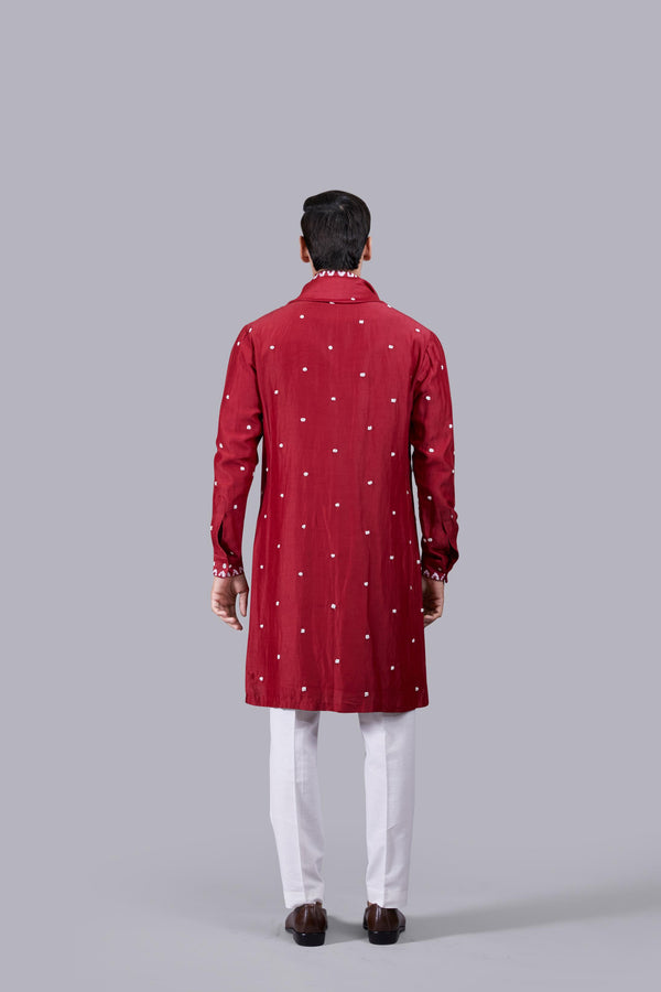 RED PURE LINEN SILK THREAD WORK KURTA SET
