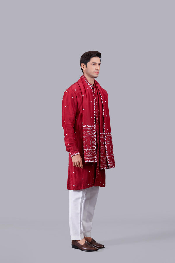 RED PURE LINEN SILK THREAD WORK KURTA SET
