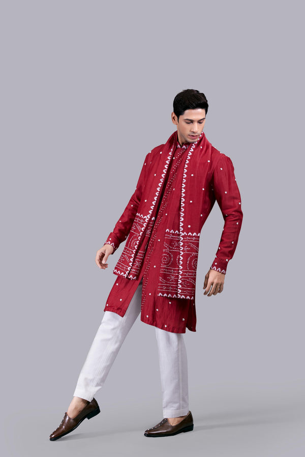 RED PURE LINEN SILK THREAD WORK KURTA SET