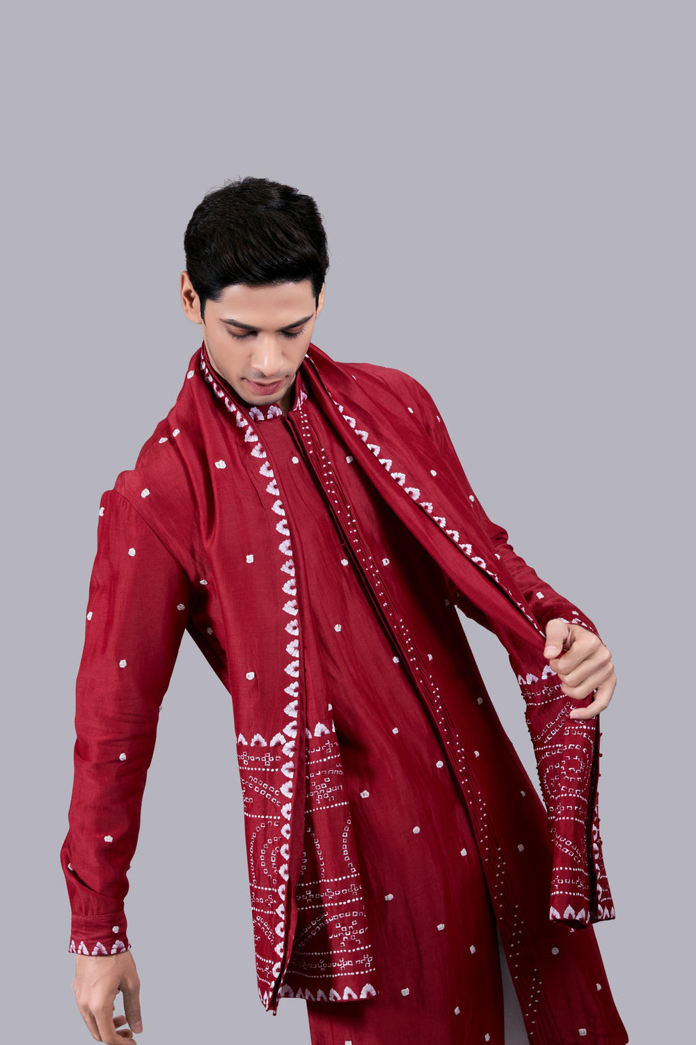 RED PURE LINEN SILK THREAD WORK KURTA SET