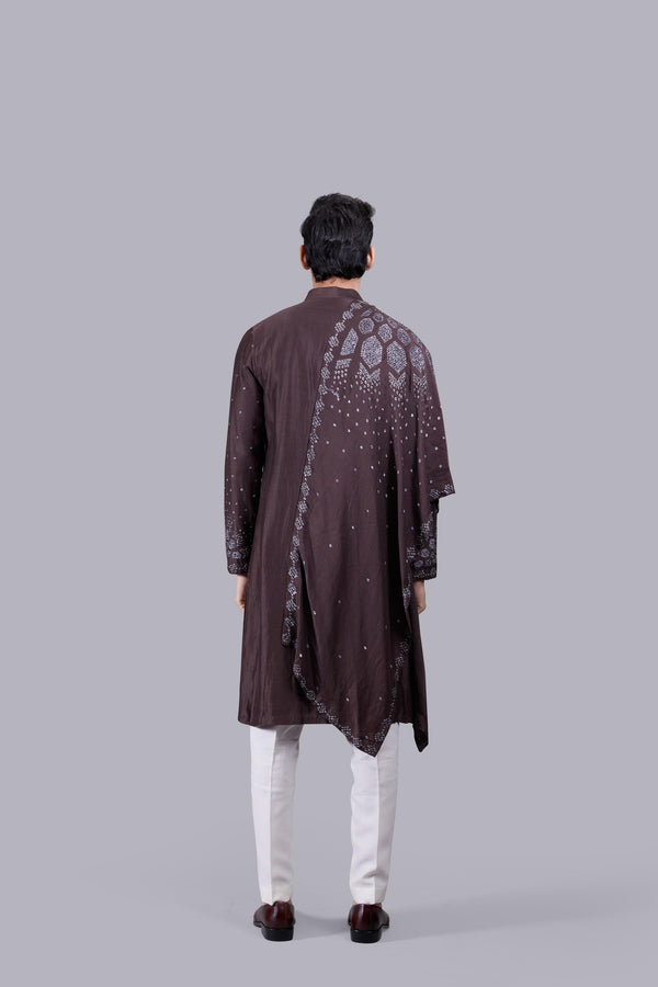 CHOCOLATE BROWN PURE LINEN SILK THREAD WORK KURTA SET