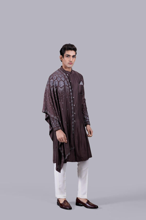 CHOCOLATE BROWN PURE LINEN SILK THREAD WORK KURTA SET