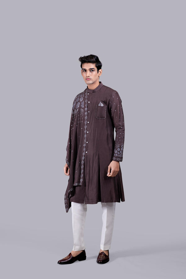 CHOCOLATE BROWN PURE LINEN SILK THREAD WORK KURTA SET