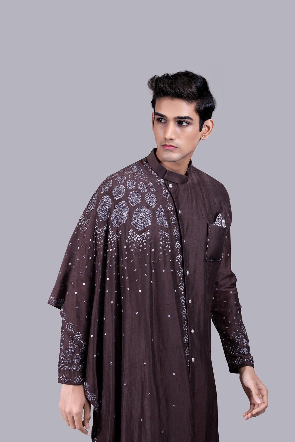 CHOCOLATE BROWN PURE LINEN SILK THREAD WORK KURTA SET