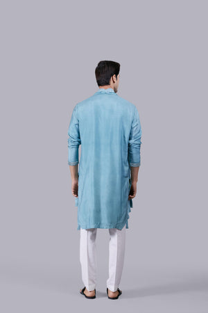 MINT BLUE PURE SILK THREAD WORK KURTA SET