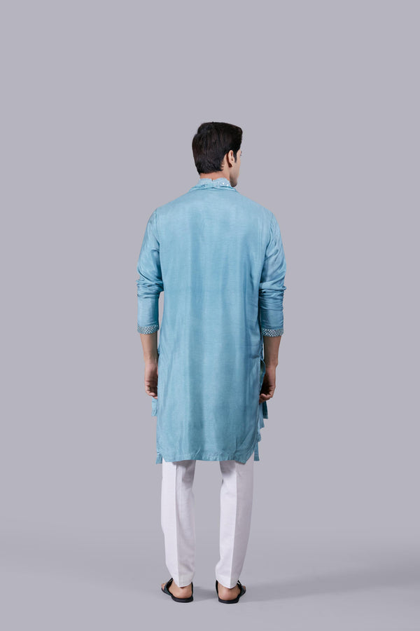 MINT BLUE PURE SILK THREAD WORK KURTA SET