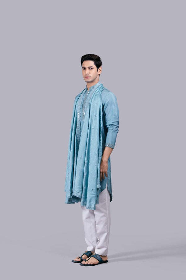 MINT BLUE PURE SILK THREAD WORK KURTA SET