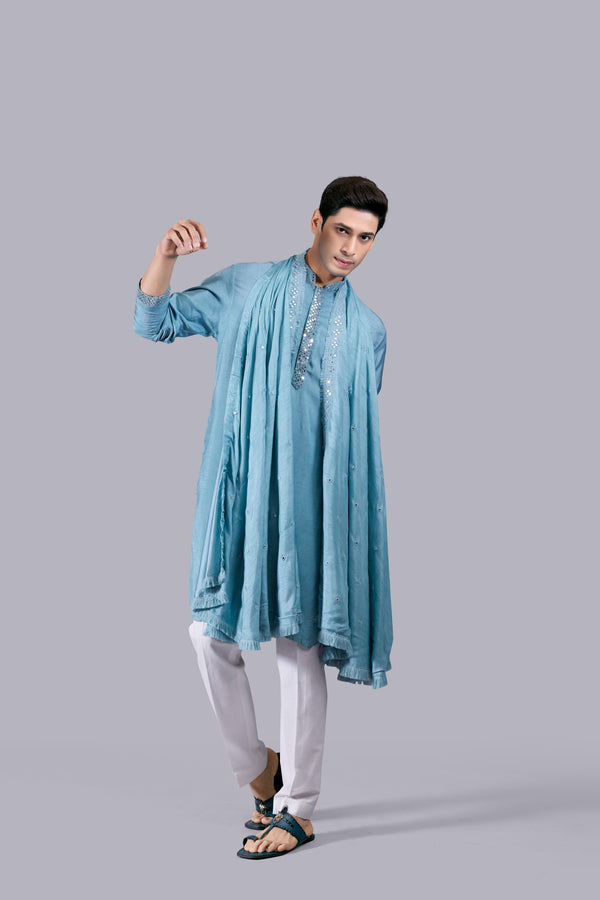MINT BLUE PURE SILK THREAD WORK KURTA SET