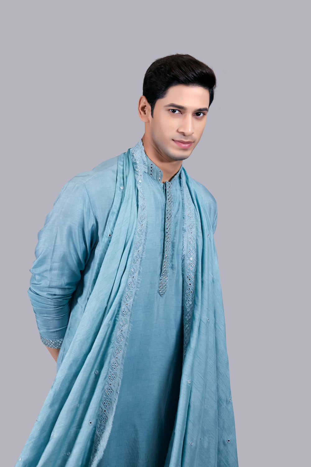 MINT BLUE PURE SILK THREAD WORK KURTA SET