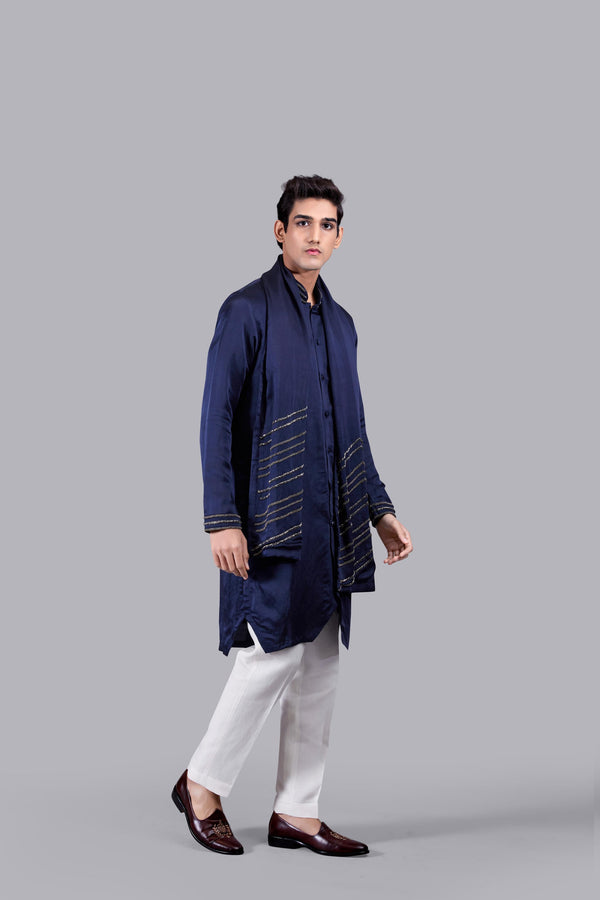 NAVY BLUE PURE SILK THREAD WORK KURTA SET
