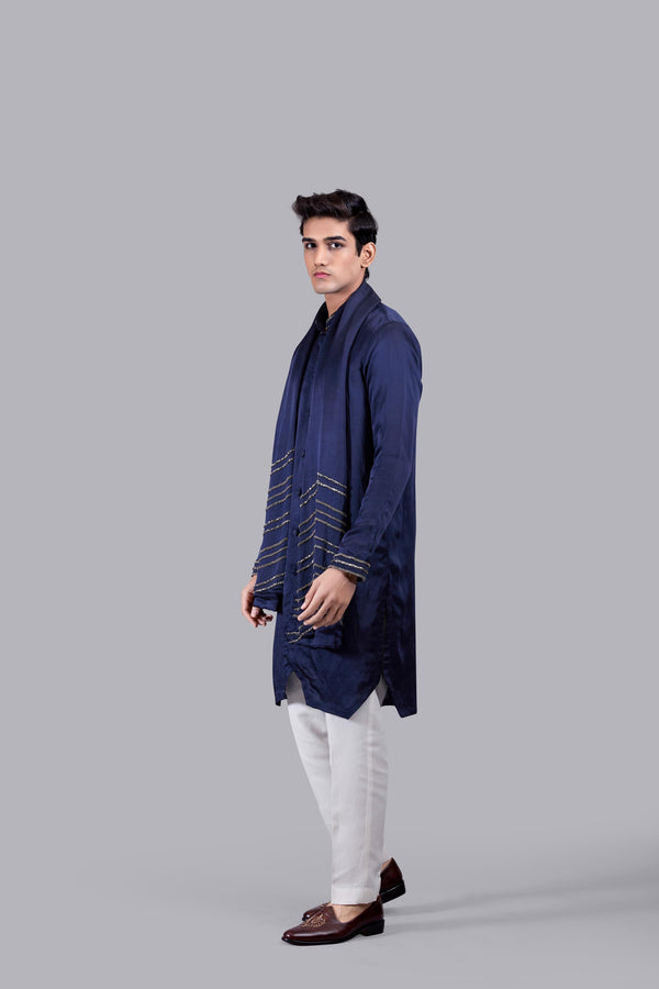 NAVY BLUE PURE SILK THREAD WORK KURTA SET