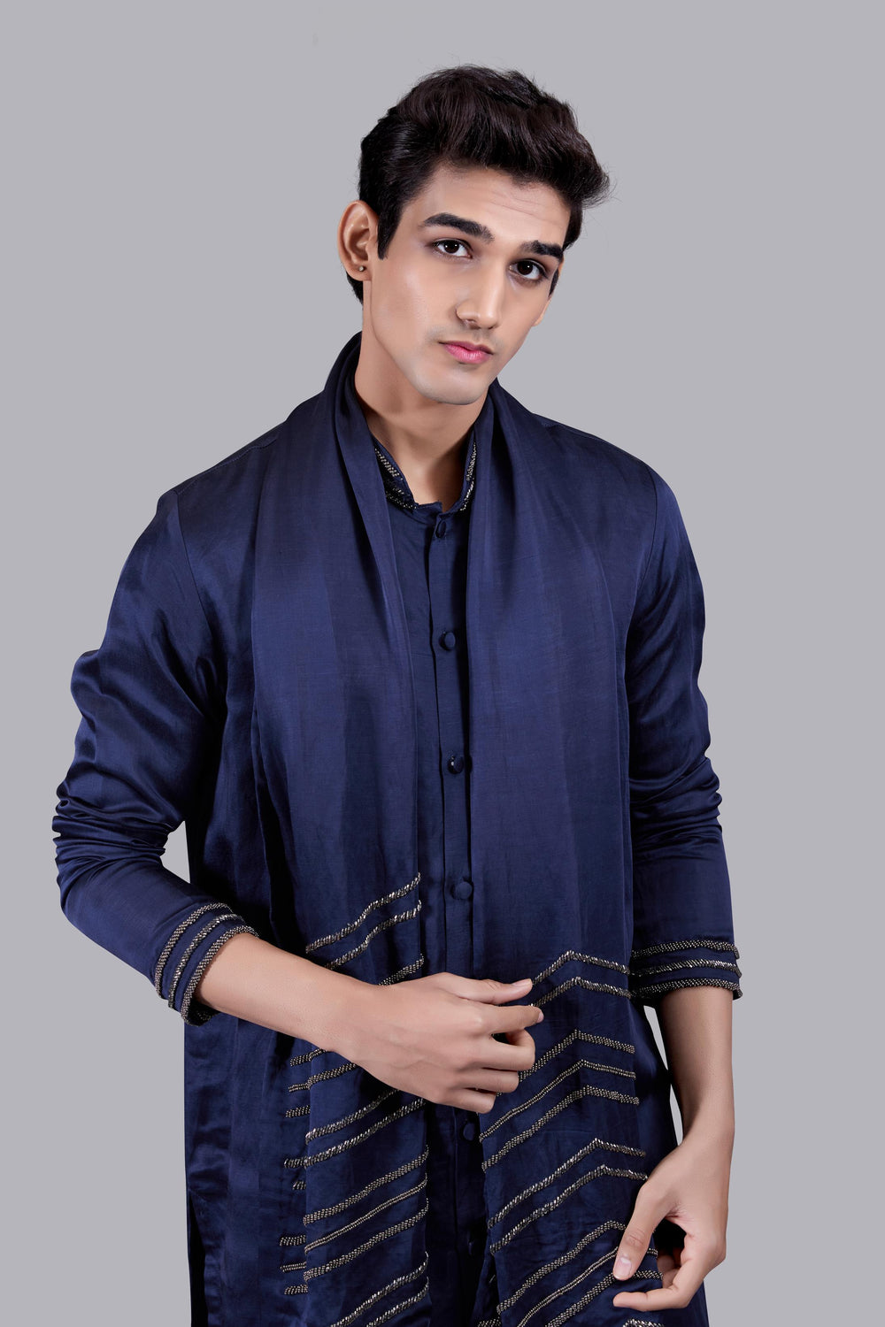 NAVY BLUE PURE SILK THREAD WORK KURTA SET