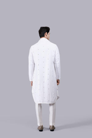 OFF WHITE PURE LINEN SILK THREAD WORK KURTA SET
