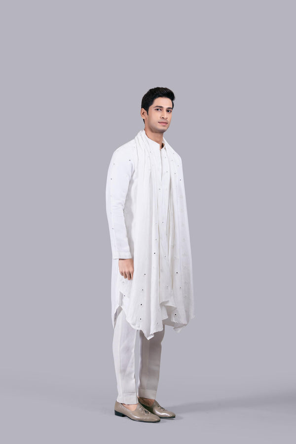 OFF WHITE PURE LINEN SILK THREAD WORK KURTA SET