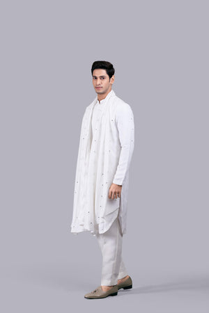 OFF WHITE PURE LINEN SILK THREAD WORK KURTA SET