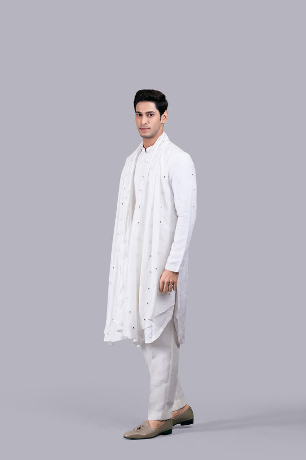 OFF WHITE PURE LINEN SILK THREAD WORK KURTA SET