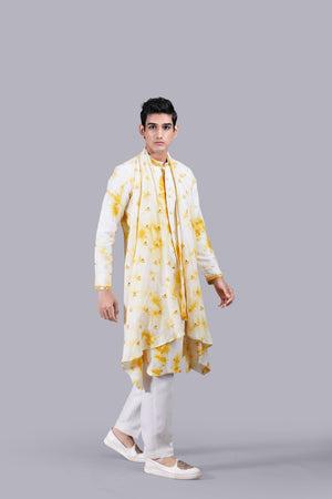 Off-White & Yellow Linen Silk Kurta Set