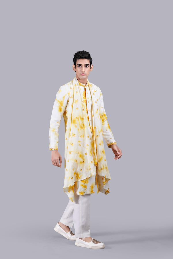 Off-White & Yellow Linen Silk Kurta Set