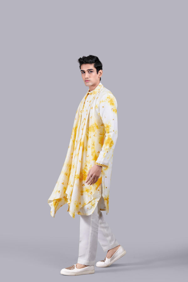 Off-White & Yellow Linen Silk Kurta Set