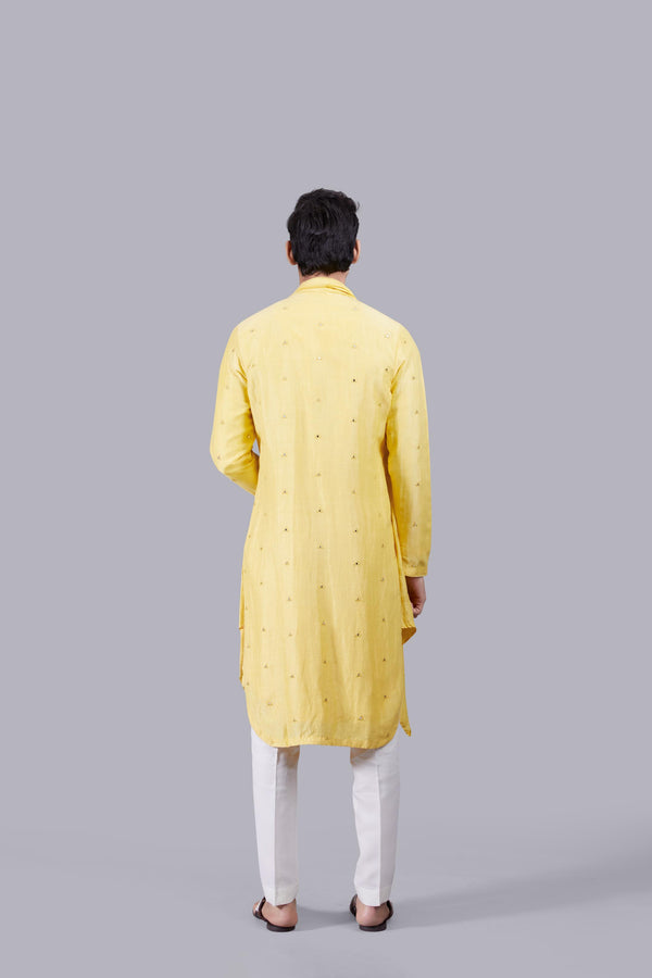 YELLOW PURE LINEN SILK THREAD WORK KURTA SET