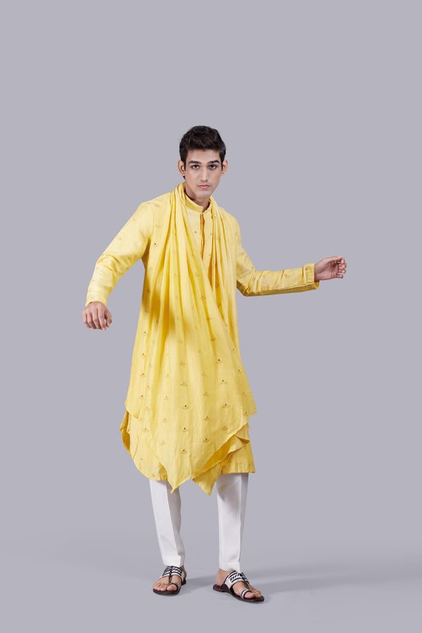 YELLOW PURE LINEN SILK THREAD WORK KURTA SET