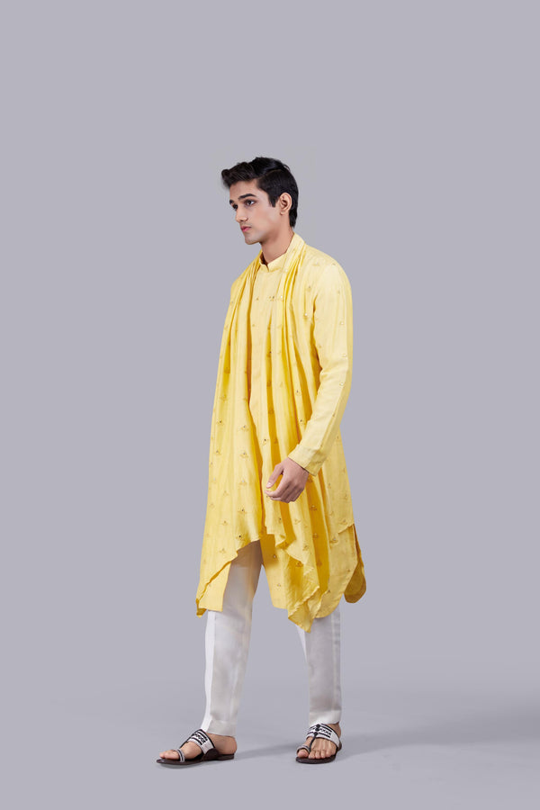 YELLOW PURE LINEN SILK THREAD WORK KURTA SET