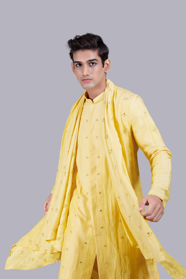 YELLOW PURE LINEN SILK THREAD WORK KURTA SET